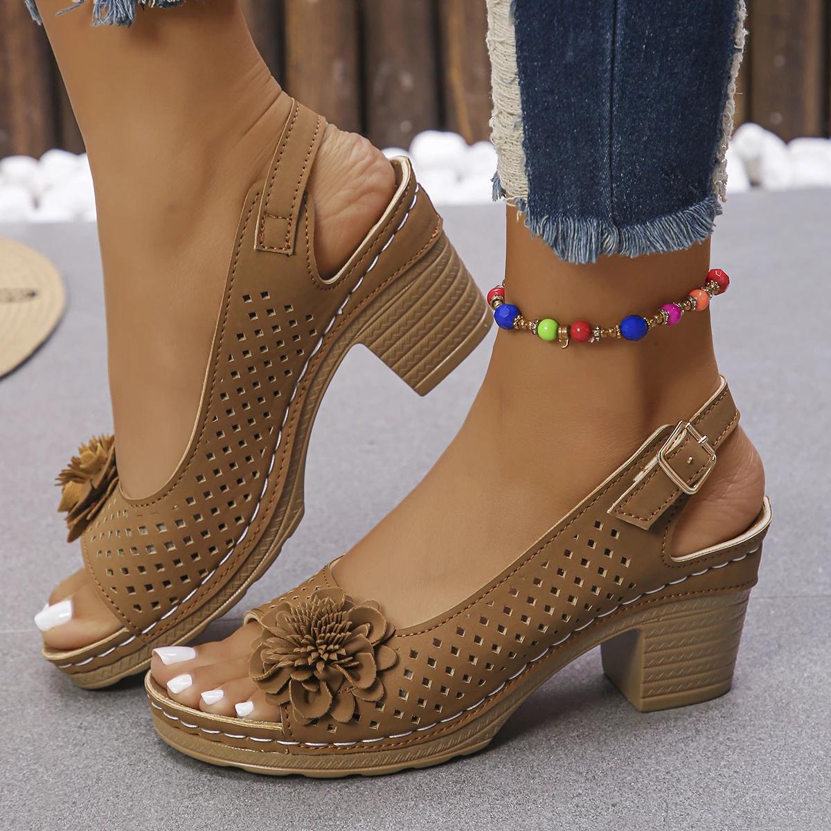 

Fashion Fashion Flower Decor Square Heel Sandals Women Hollow Out Breathable Slingback Sandals Woman Summer Comfort Casual Beach Shoes 43 коричневый