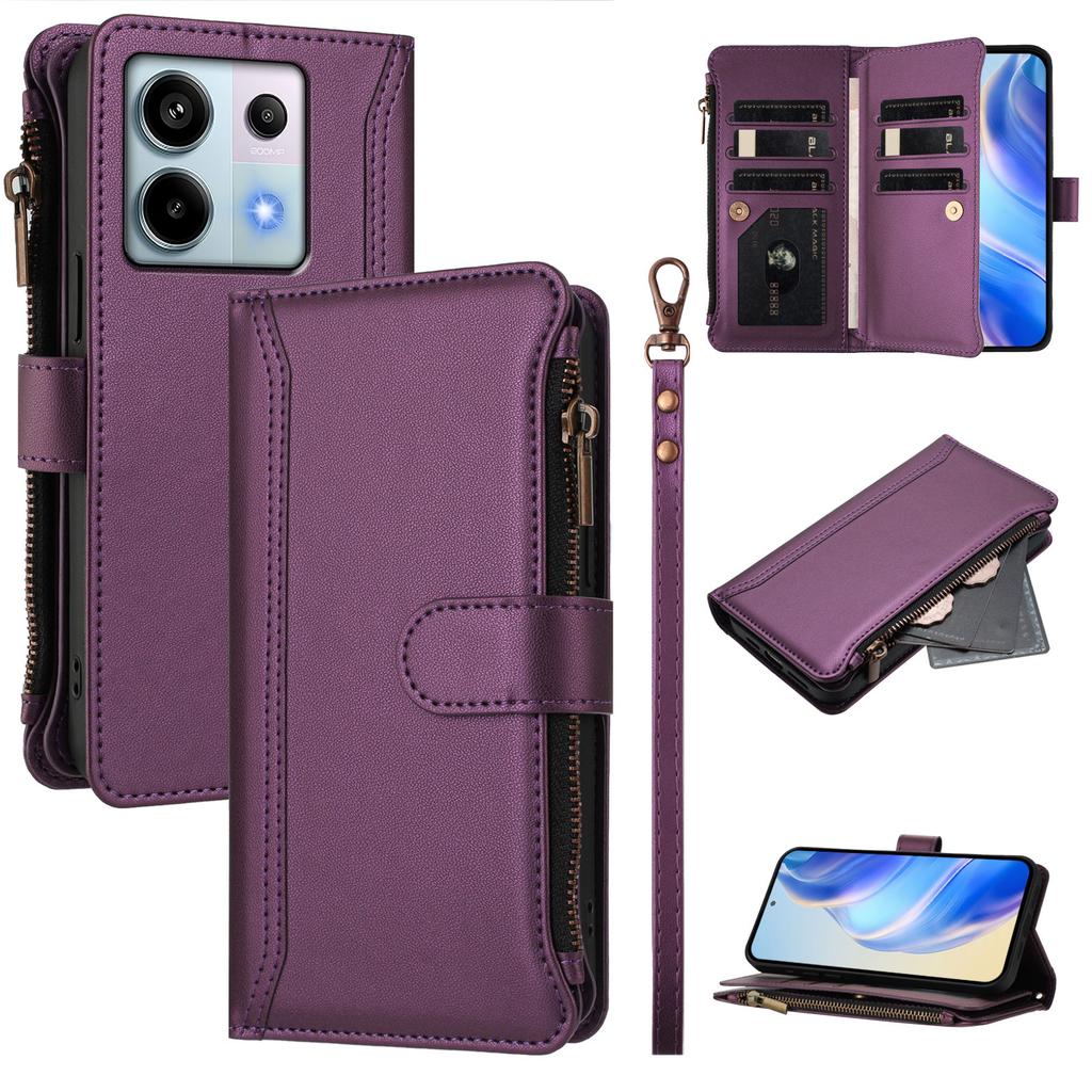 For Xiaomi Poco X6 5G/Xiaomi Redmi Note 13 Pro 5G Leather Case 9 Card Slots Zipper Wallet Stand Phone Cover with Wrist Strap
