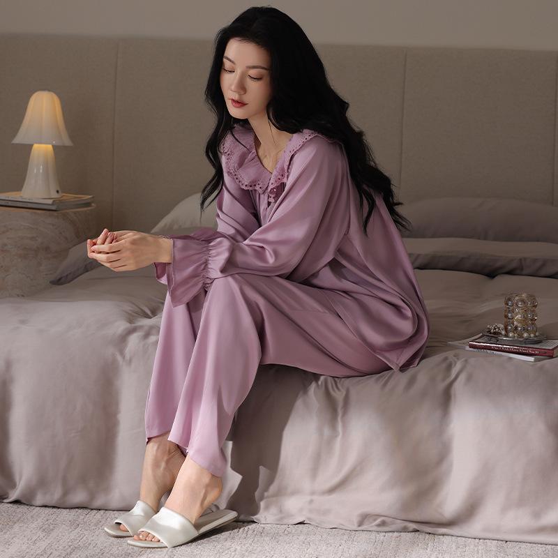Spring and autumn new simulated silk pajamas women's thin high-end long-sleeved ice silk loungewear can be worn outside the suit