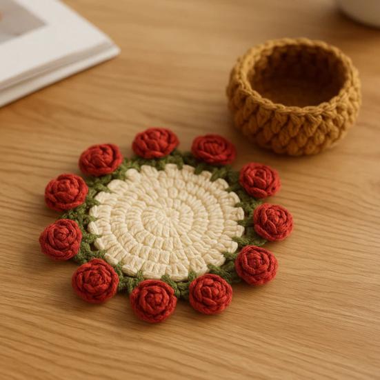 Crochet Flower Coasters Handmade Vintage Bouquet Knitted Rose Flower Decorative Coasters Anti-scald Table Mats Without Flower Pot