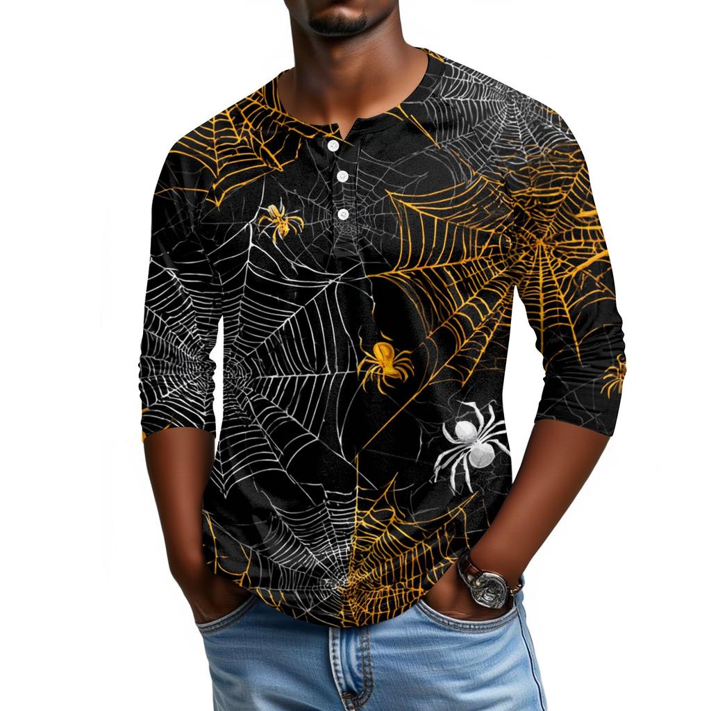 Men Casual Halloween Print Henley Shirt Raglan Sleeve Three Quarter Length Button Front Top