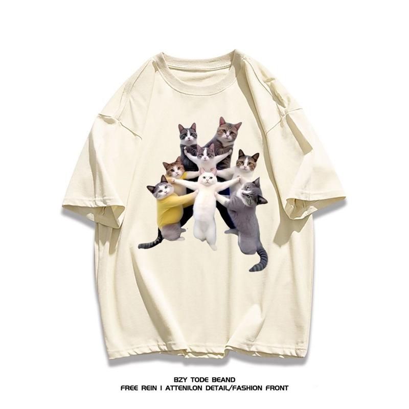 Korean Style Cat Print Cotton T-shirt - Trendy Loose Fit, Unisex Summer Casual