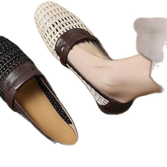 Single shoes women's summer low heel thick heel soft sole breathable hollow mesh small leather shoes are not tired