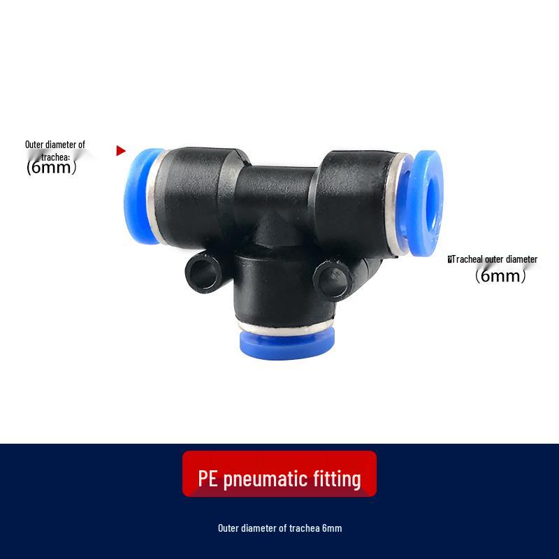 T-Type Pneumatic Hose Quick Connector, Push-in, PE Plastic, Sizes 4-16mm