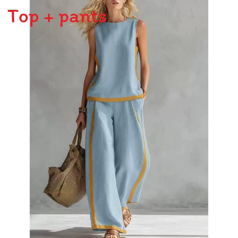 Tuta da donna estiva senza maniche a blocchi di colore con tasche e inserti per abbigliamento casual