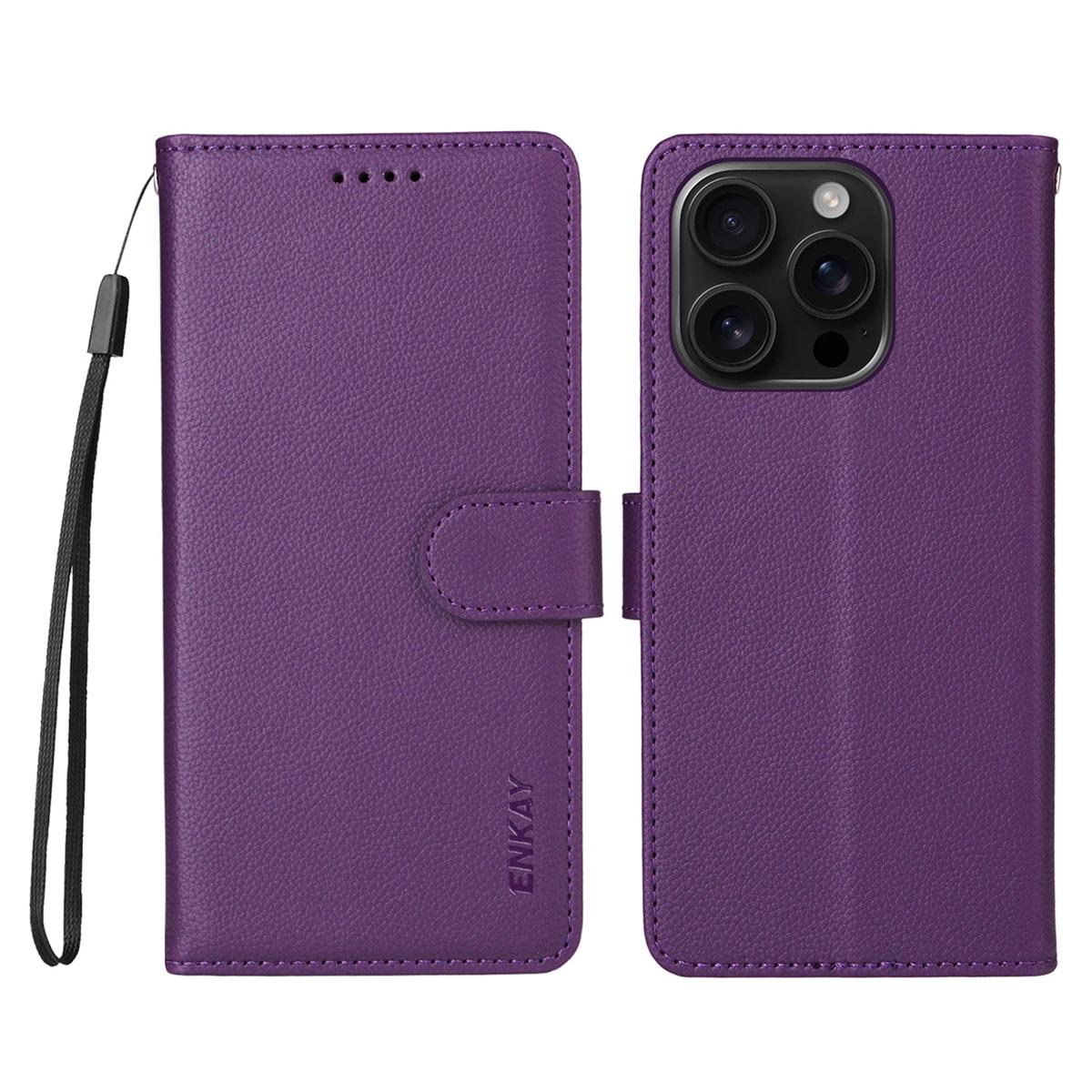 

ENKAY HAT PRINCE For iPhone 16 Pro Wallet Case with Strap RFID Blocking Leather Stand Phone Cover Purple