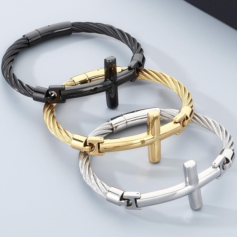 Bracciale a Croce per Uomini Adolescenti Catena a Maglie in Acciaio Inossidabile Braccialetto Larghezza 6MM Cristiano Religioso Gesù Confermazione Gioielli Regali