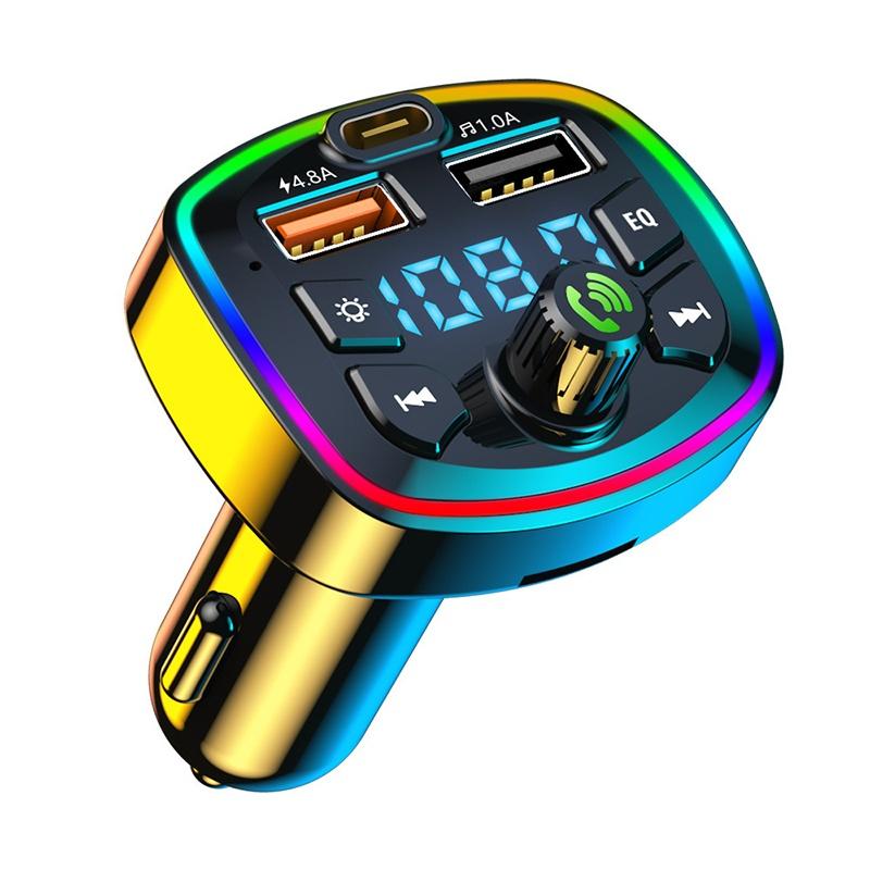 Car Bluetooth 5.0 Charger Fm Transmitter Pd 18W Type-C Dual Usb Colorful Ambient Light Cigarette Lighter Mp3 Music Player