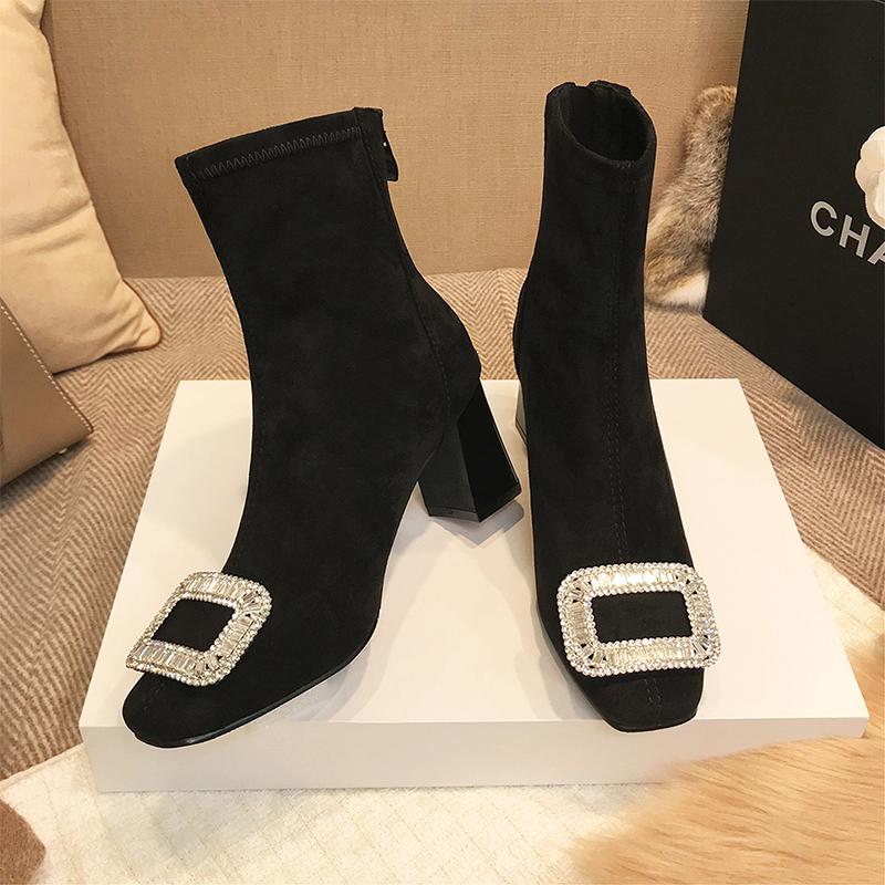 Fashion Women Crystal Suede Ankle Sock Boots Mid Heels Chunky Shoes 2024 Winter Designer New Square Toe Shoes Pumps Dress Femme Shoes