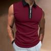 Men Summer Shirt Turn-down Collar Zipper Sleeveless Solid Color Patch Pocket Breathable Pullover Slim Fit Mid Length Casual Daily Top
