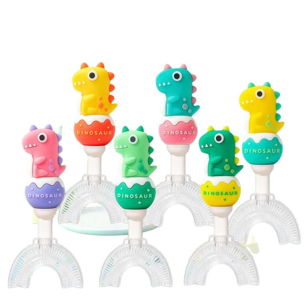 Children's U-Shape Toothbrush: Soft Silicone Bristles, Dinosaur Handle, Ages 1-12.