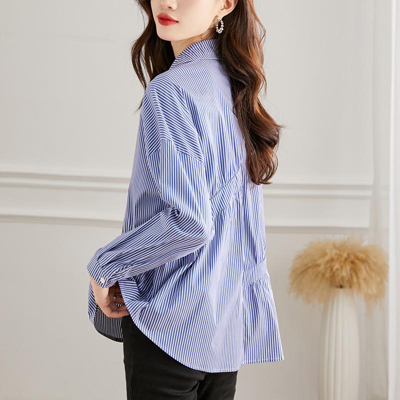 Asymmetric Pleated Blue Striped Blouse for Women Long Sleeve Autumn Design Niche Top Pure Cotton White Blouse