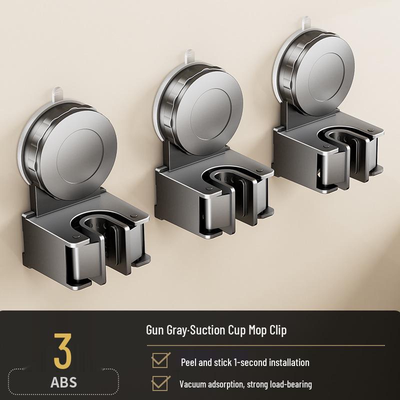 No-Punch Broom & Mop Wall Mount Clip - Suction Cup Hanging Rack for Bathroom/Backdoor Storage