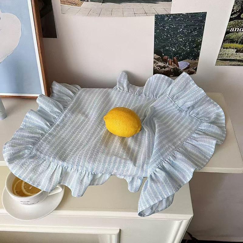 Rüschen Tischsets Rosa Blaue Streifen Platzset Set für Esstisch Küchen Dekoration Niedliche Waschbare Stoff Tischzubehör