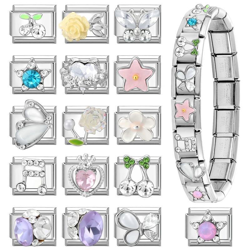 Fashion Shiny Stars Zircon Flowers Cherry Charm Italian Links Fit 9mm Stainless Steel Bracelet Making DIY Jewelry Gifts