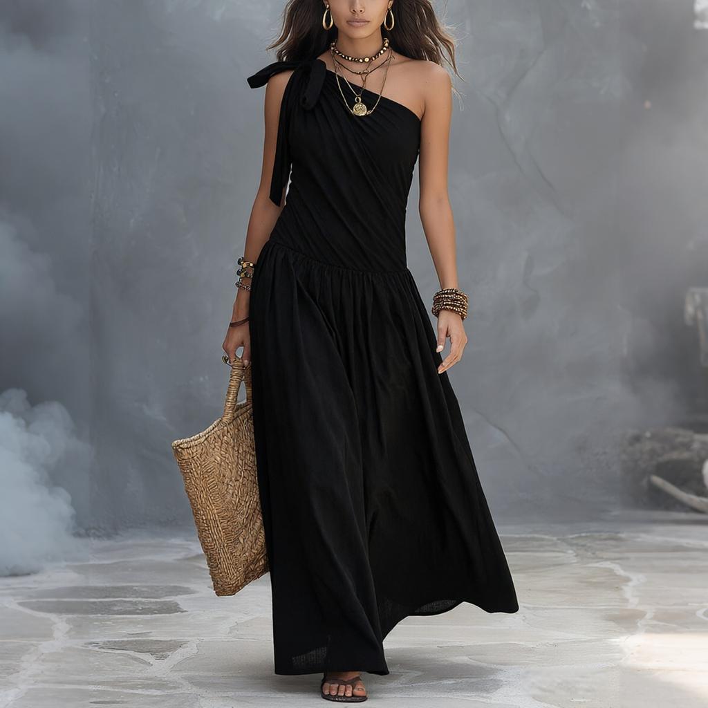 Women One Shoulder Dress Sleeveless Maxi Dress Asymmetric Hem Casual Summer Dress with Ruffle Detail and Tie Strap