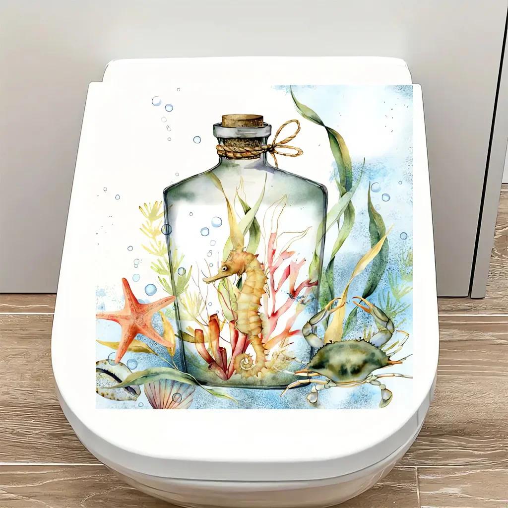 Sea Turtle Coral Jellyfish Toilet Lid Decal Sticker Bathroom Beautification Self-Adhesive Decoration Waterproof Sticker