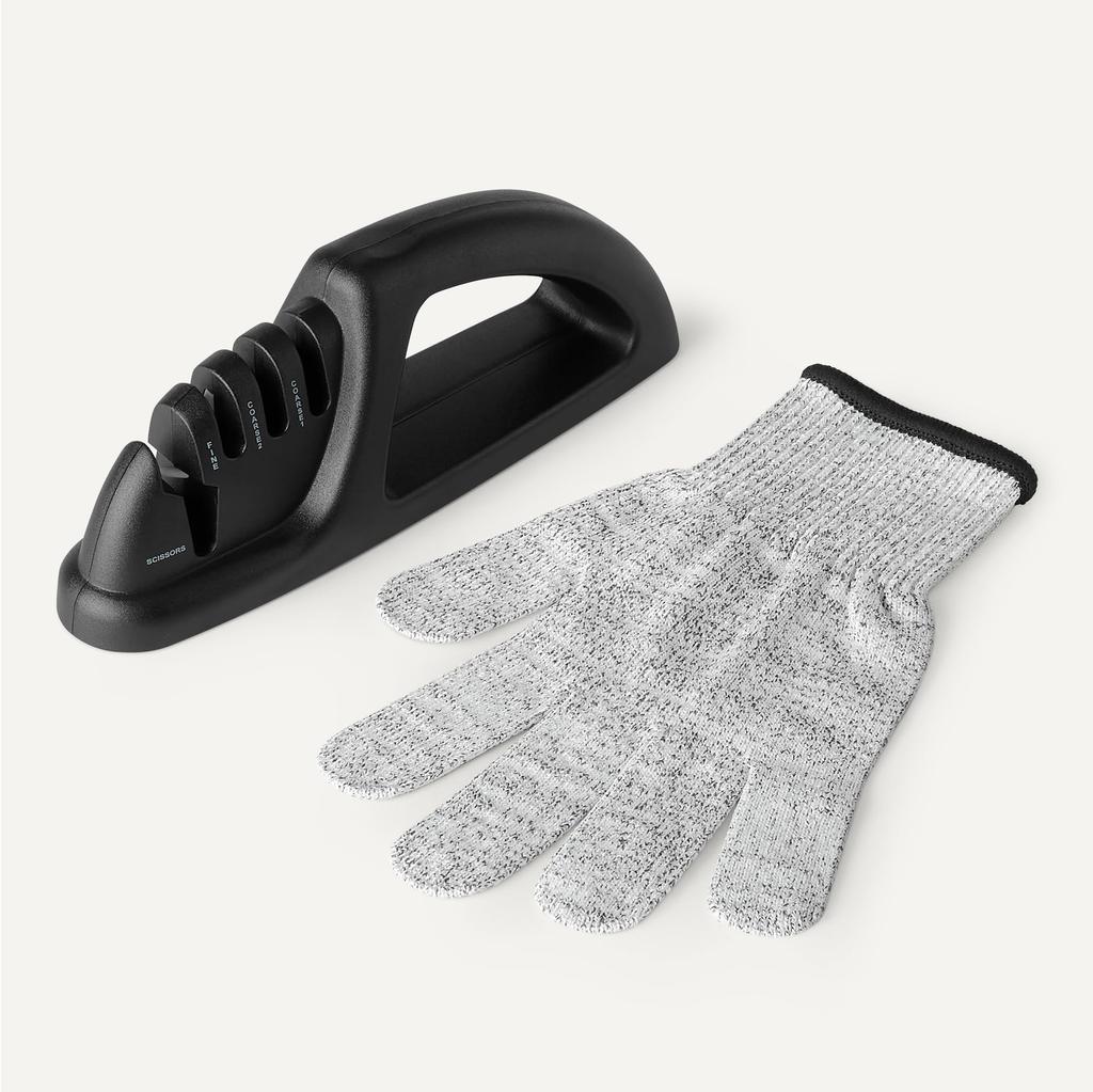 Amazon Basics Knife Scissors Sharpening Safety Gloves Included 4-in-1 Sharpener, Sharpener, 3-Stage (Coarse, Medium, Fine), Non-Slip Base,
