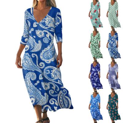 Women's Vintage Print Tunic Waisted Midi Dress Summer Casual 3/4 Sleeve Dress Dress