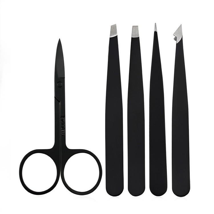 Black Stainless Steel Slanted Tip Eyebrow Tweezers with Packaging, Precision Beauty Brow Grooming Tool Set