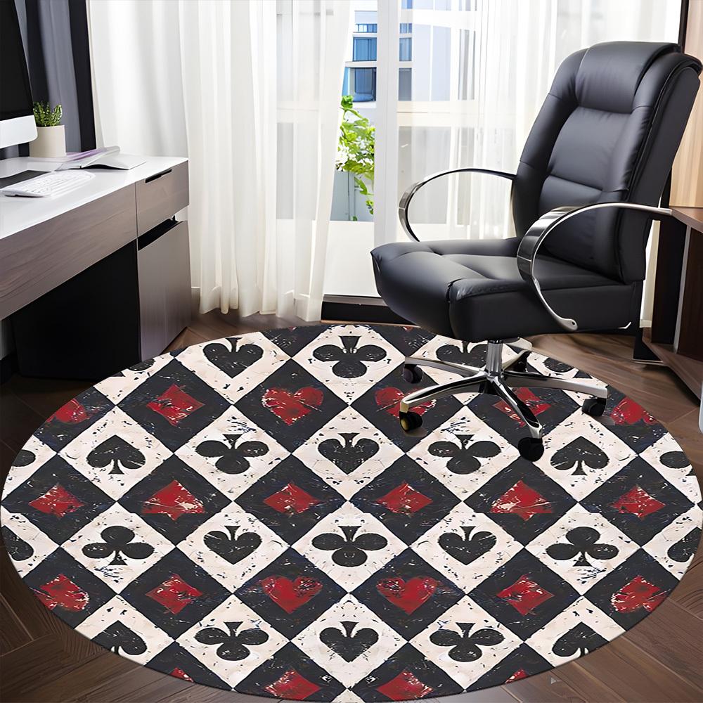 1pc Playing Cards Pattern Office Round Area Rug, Indoor Mat Suitable For Office, Under Office Chairs Bedroom Living Room Home Decor, Room Deco