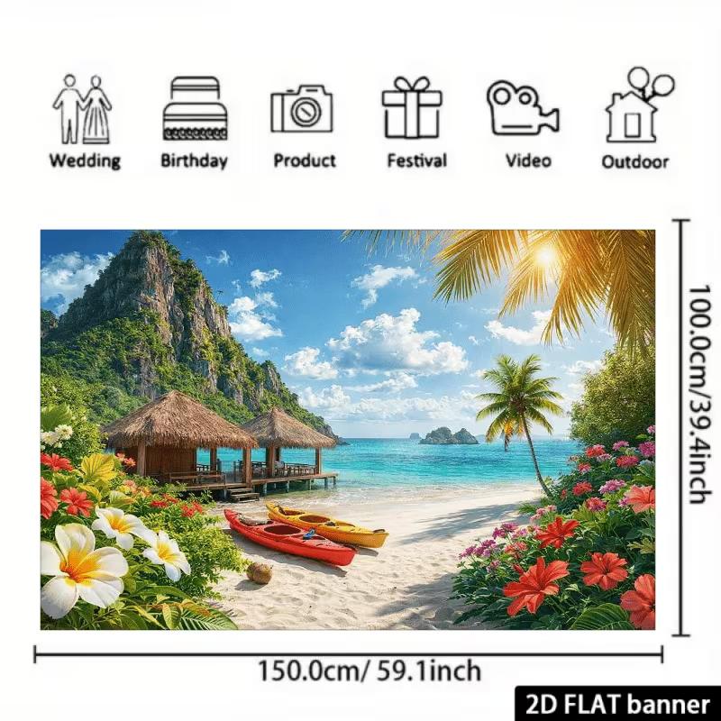 2D Tropical Beach Backdrop Island Mountain Photography Background