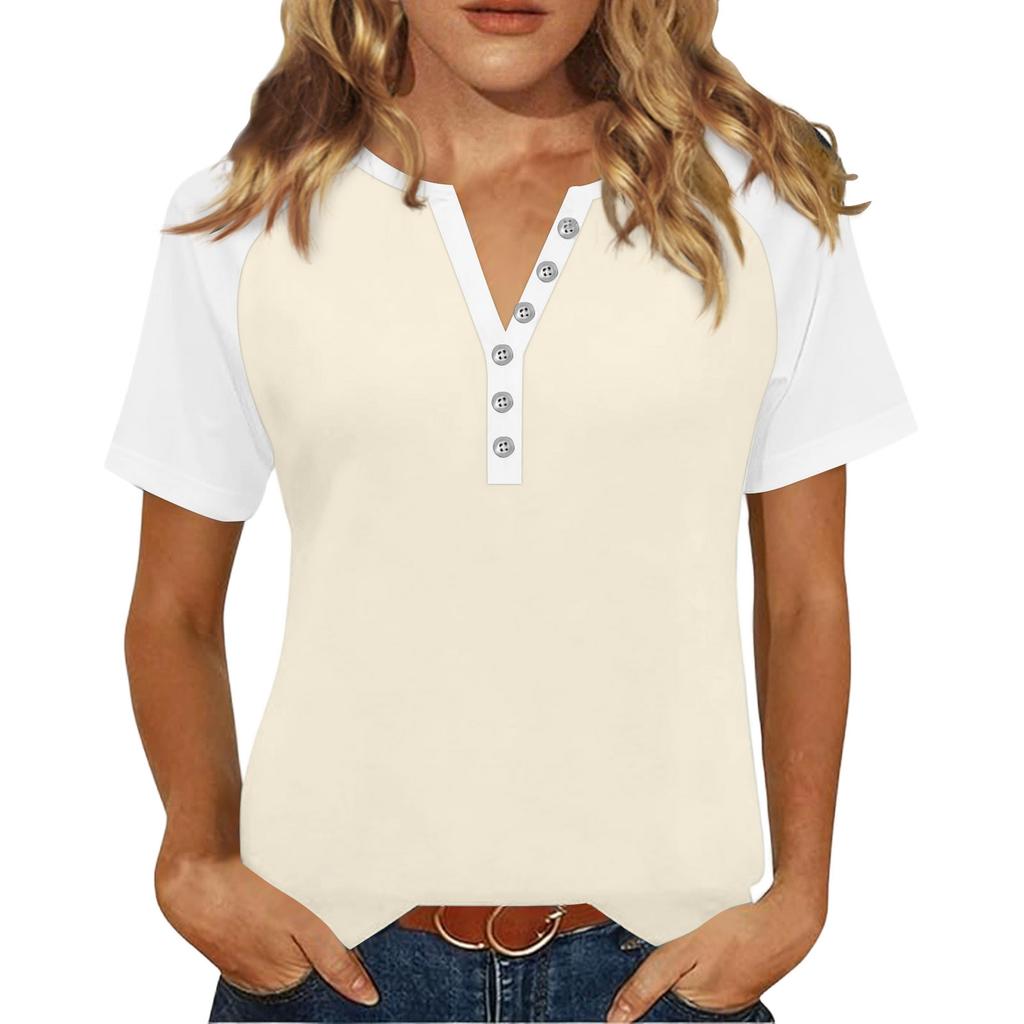 Women's Fashionable Casual V-neck Button-down Summer Color-blocked Printed Short-sleeved Top