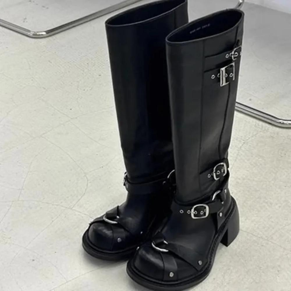 Casual Woman Knee-High Boots Fashion High Quality Leather Square Heel Knight Booties  Trend Women's Long Boots