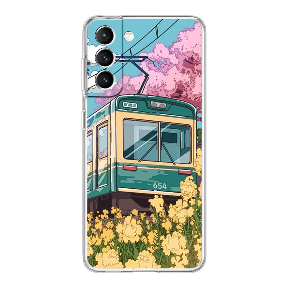 Cherry Japanese Traint Moun Fuji Clear Phone Case For Samsung Galaxy S23 S22 5G S20 Ultra S21 FE 5G S10E S9 S8 S10 Plus Cover