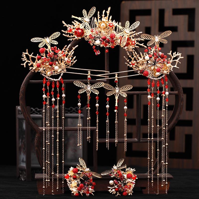Tuanming Chinese Bridal Xiuhe Dress Phoenix Crown Headdress with Red Tassels