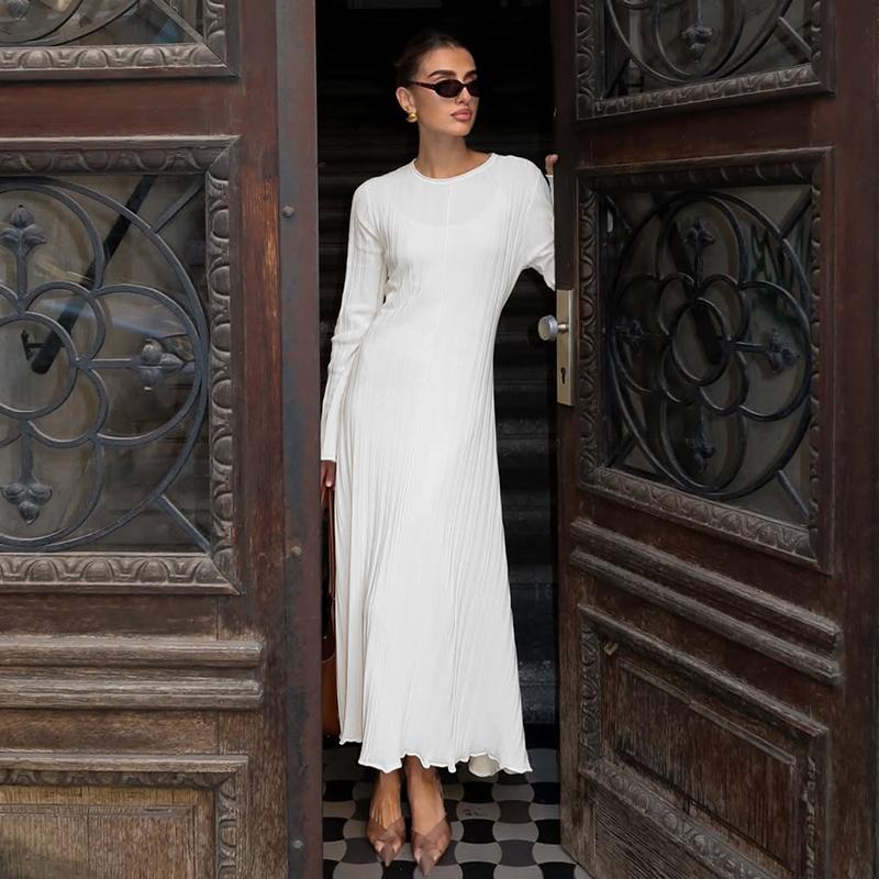 White Knitted Long Dress Women 2026 Spring New Long Sleeve Bandage Loose Casual Dress Streetwear Womens Vestidos