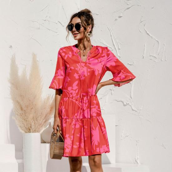 Women's Summer Mini Dress Puff Short Sleeve V Neck Pleated Dress Boho