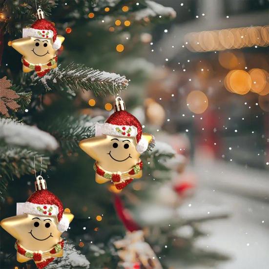 Yousheng 3Pcs Christmas Red Hat Star Ornaments Hand-Painted Plastic Hanging Decor for Tree Home Office Festive Party Decoration