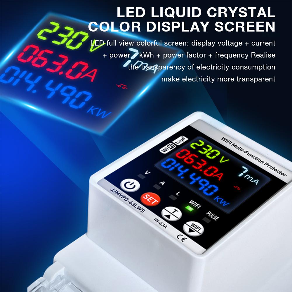 Tuya WiFi 63A Energy Meter Automatic Reclosuring Protector Circuit Breaker Single Phase Voltage Current Leakage Protection