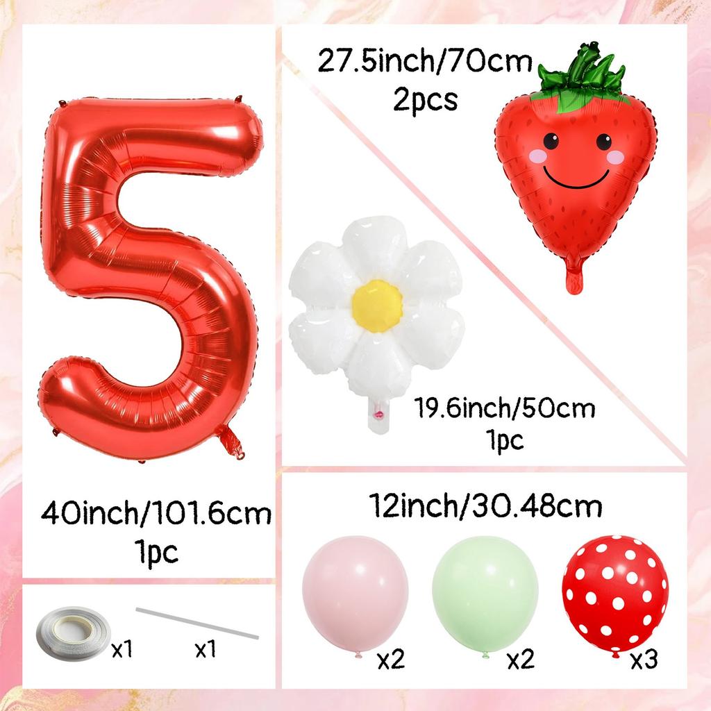 12pcs Strawberry and Red Polka Dot Digital Balloon Set  40 Inch Aluminum Foil, Suitable for Birthday Parties and Celebrations