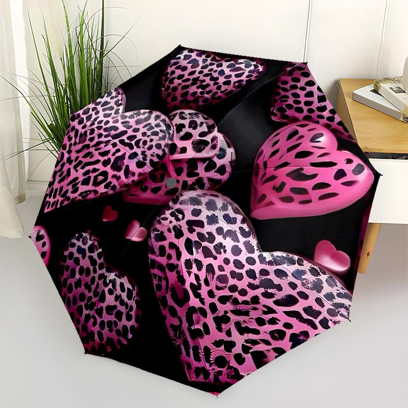 

1pc Pink Leopard Heart Automatic Opening and Closing Folding Umbrella with 8 Iron Ribs - Portable, Foldable for Travel yy251124111