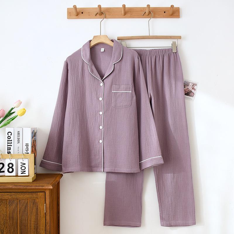 Japanese Couple's Pajamas Set: Plain Cotton, Loose Fit, Unisex, Plus Size, for Spring & Autumn.