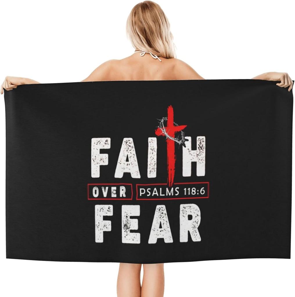 Beach Towel Oversized, Jesus Christian Faith Cross Over Fear Microfiber Bath Towel Vintage Beach Blanket Lightweight Thin Towels