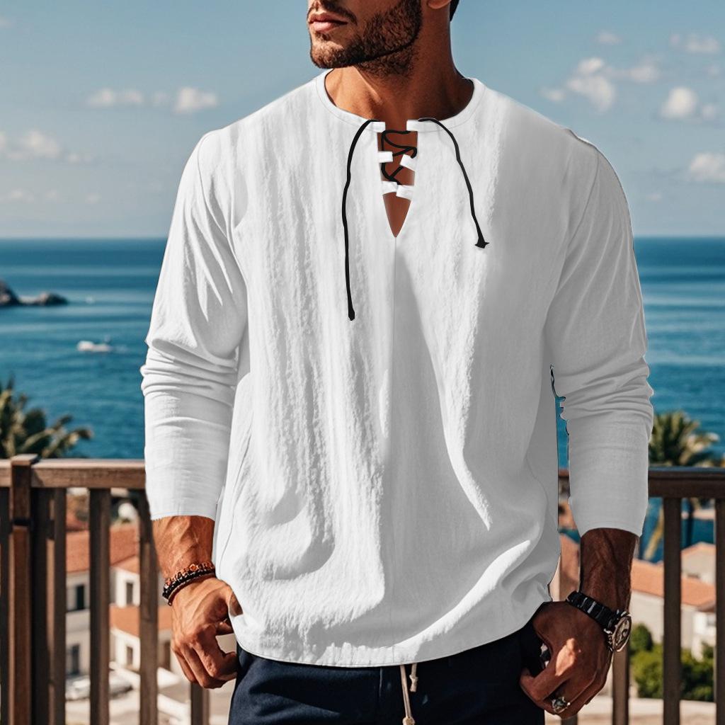 Maglietta da Uomo a Maniche Lunghe Autunnale con Scollo a V e Vestibilità Ampia in Cotone Canapa Tinta Unita Camicia Ruche da Spiaggia