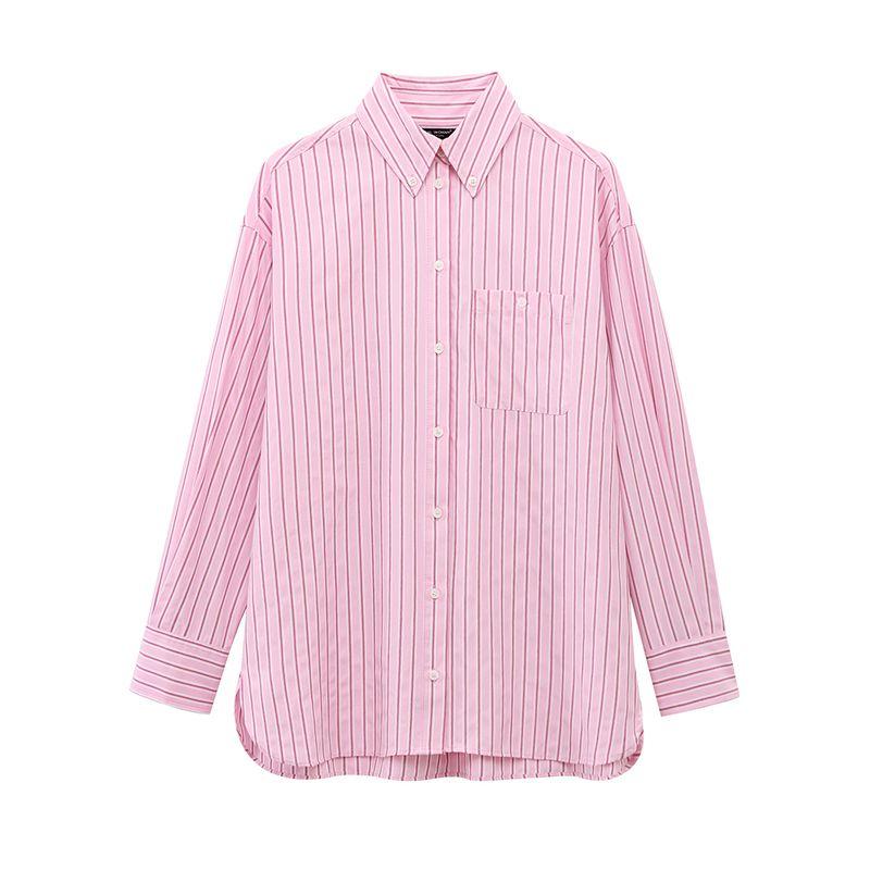 Kaslead New Arrival Women's Fashion Style Fashion Stripes Loose Comfortable Long Sleeve Lapel Shirt 2492161