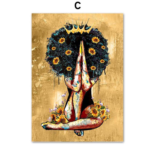 Abstract Sunflower Afro Girl Black Beauty African Art Canvas Painting Nordic Posters And Prints Wall Pictures Living Room Decor No Frame