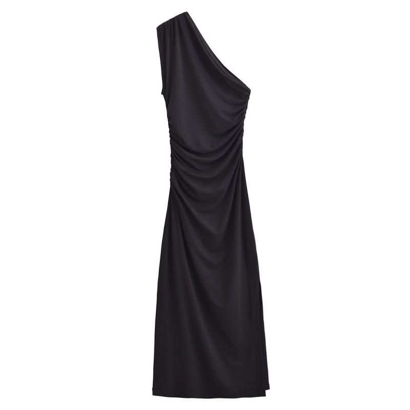 European American Women s Clothing With Slanted Shoulders Sleeveless Waist Slimming Long Dress S