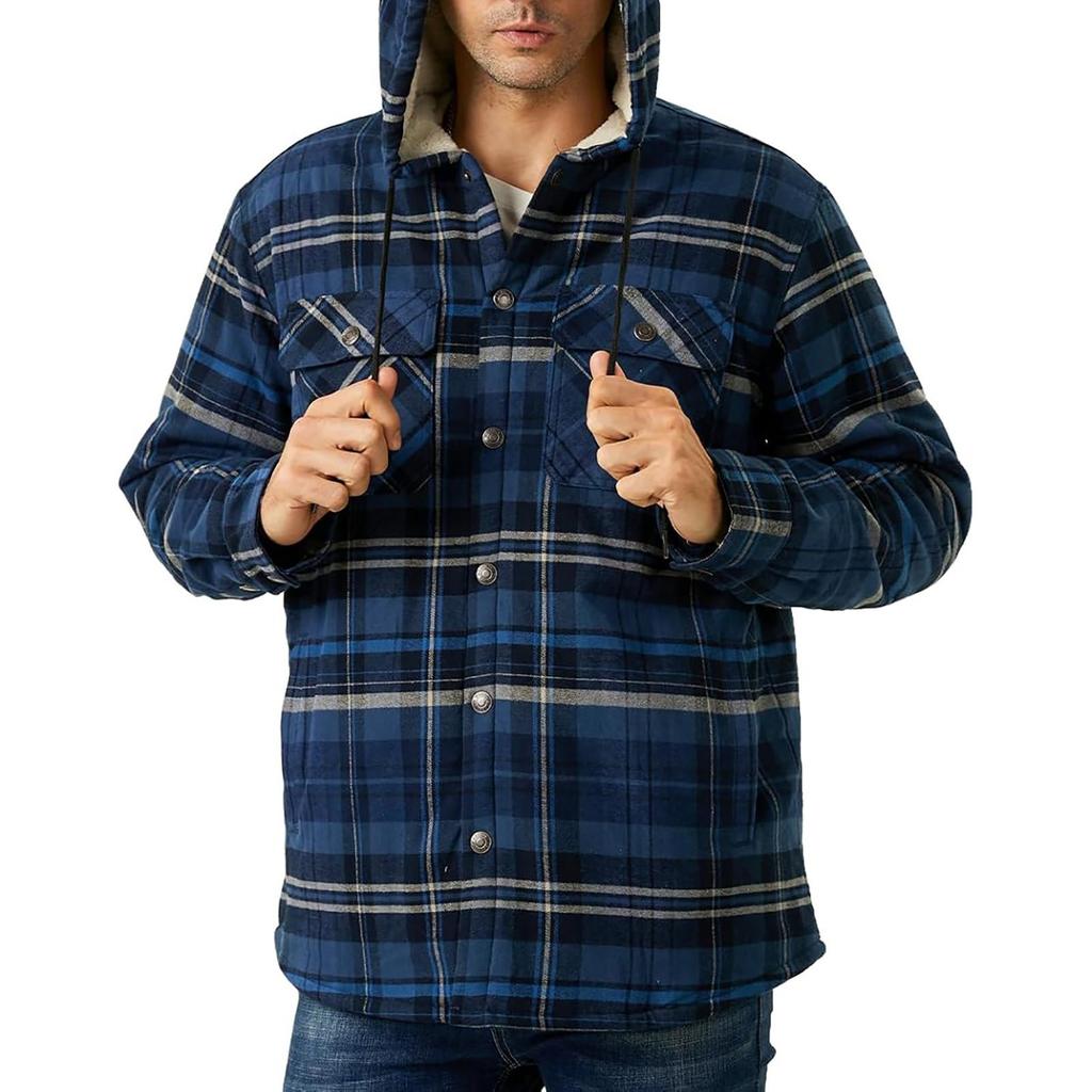 Men's Quilted Lined Button Down Plaid Shirt Add Velvet To Keep Warm Jacket With Hood
