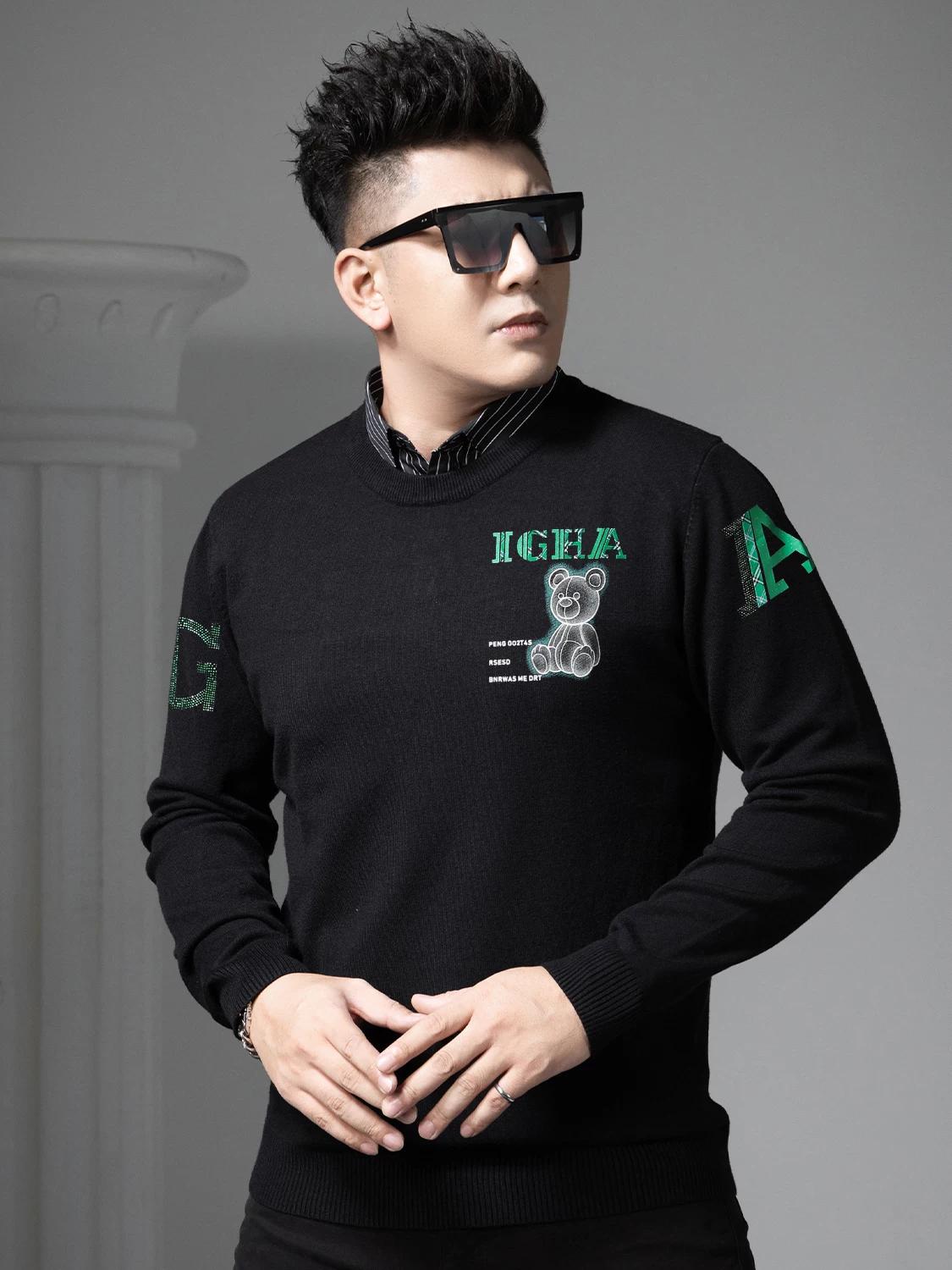 

European-Style Fake Two-Piece Round Neck Sweater for Men, Spring and Autumn Trendy Brand Bear Print Knit Pullover Men s Base Layer Shirt XL чёрный