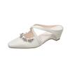 Flat Inside Heightener Slippers Autumn New Square Toe Shallow Slip Rhinestone Buckle Cross Strap Hollow-out Wrapped Shoes
