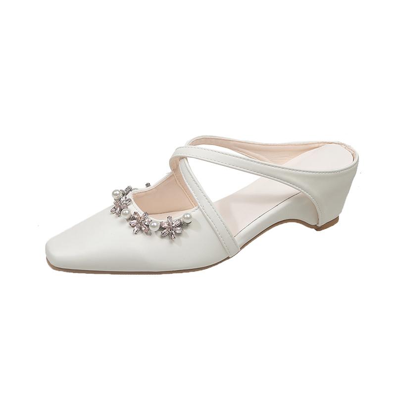 Fashion Flat Inside Heightener Slippers Autumn New Square Toe Shallow Slip Rhinestone Buckle Cross Strap Hollow-out Wrapped Shoes