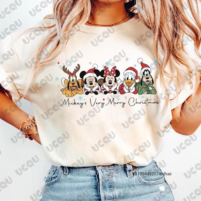Christmas Family Mickey Mouse Print Cotton Tshirt For Women Summer Short Sleeve Oneck Tees Casual Oversized Couple Tops