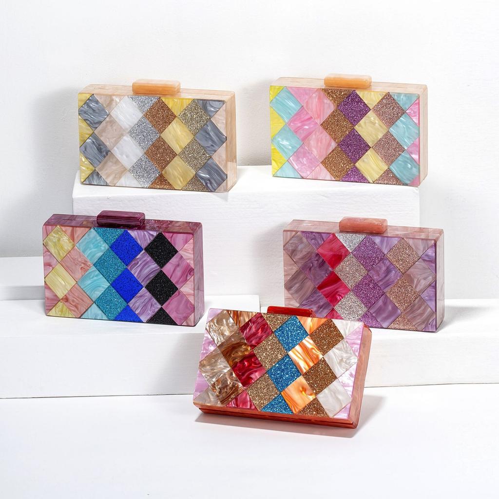 Women'S Contrasting Color Splicing Acrylic Dinner Bag Shoulder Diagonal Span Wedding Banquet Clutch Bag