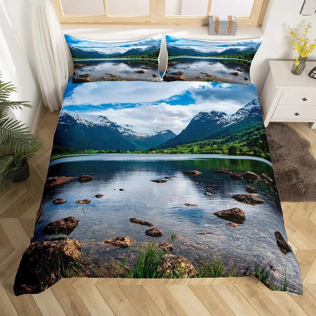 Nature Landscape Duvet Cover Sunset Comforter Cover Lake Landscape Bedding Set Polyester Spring Flower Bedspread Cover King Size