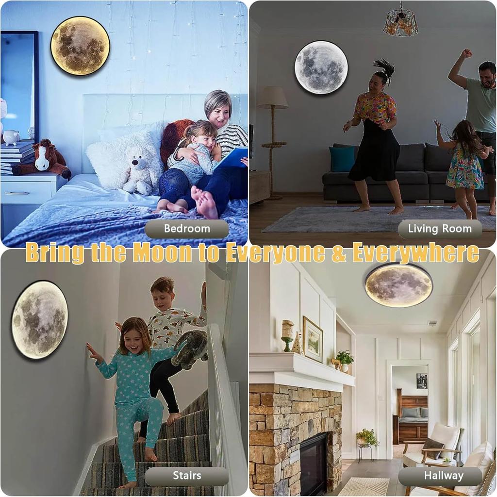 Dimmable Moon Wall Lamp, Rechargeable Battery Operated Wall Sconce Moon Lights with Remote, 3 Color Indoor Wall Mounted Lighting Ceiling Light for